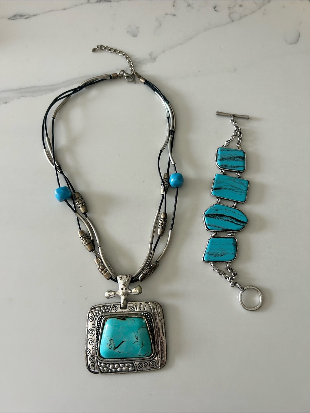 Turquoise Stone Pendant Necklace and Bracelet Set - Silver Accents